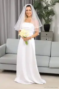 Image 1 of, Only Tease Miss V as a sexy bride in sheer white stockings