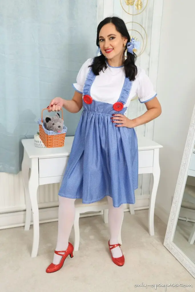 Only-Opaques Bonnie in a Dorothy costume with white pantyhose