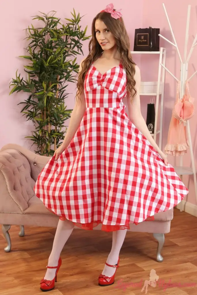 Layered-Nylons Brook L in a checkered dress with pantyhose over stockings