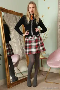 Only-Opaques Anabel in a plaid miniskirt and grey stockings 