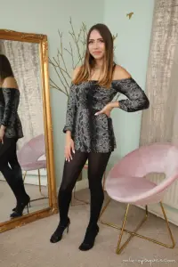 Only-Opaques Bobbin in tight playsuit and black opaque pantyhose 