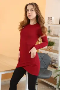 Only-Opaques Dee Vine in a red minidress and black opaque pantyhose 