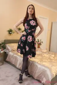 Layered-Nylons Petra V in a floral print dress and high heels 