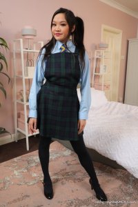 Only-Opaques Louisa Lu in a college uniform and black stockings 