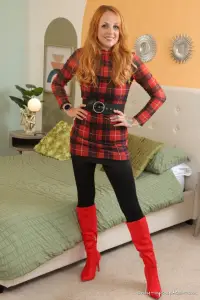 Only-Opaques Kara Carter in a plaid minidres with boots and black pantyhose - OAS Cash