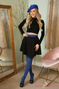 Layered-Nylons Serenity teasing in a miniskirt with blue pantyhose and stockings 