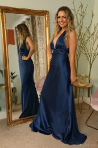 Only Tease Miss V in an evening gown with sheer white stockings 