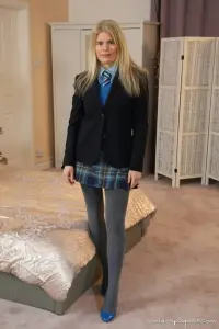 Only-Opaques Tayla in a college uniform and grey opaque tights 