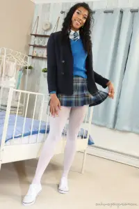 Only-Opaques Sabrina Jade in a college girl outfit with white opaque tights 