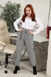 Only Tease Rachelle wearing slacks over sheer black pantyhose 
